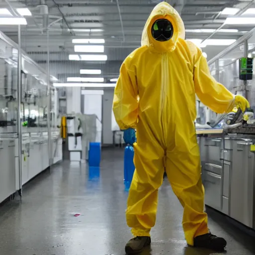 Prompt: a man wearing a hazmat suit is in a lab testing chemicals, 8k, film still