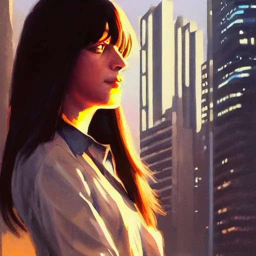 Image similar to portrait of a young mia wallace in front of a cyberpunk city, dramatic light, city background, sunset, high contrast, sharp, painted by stanley lau, painted by greg rutkowski, painted by stanley artgerm, digital art, trending on artstation