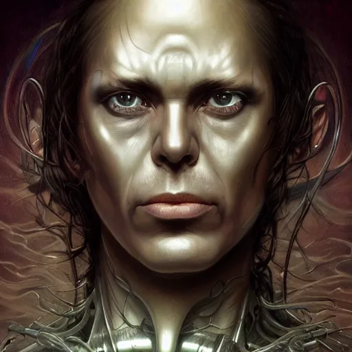 Image similar to portrait, augmented cybernetic metal band member, stern expression, long hair, highly detailed, digital painting, artstation, concept art, smooth, sharp focus, illustration, artgerm, tomasz alen kopera, peter mohrbacher, donato giancola, joseph christian leyendecker, wlop, frank frazetta