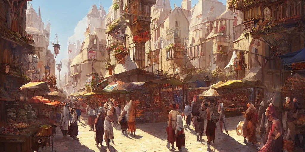 Image similar to a busy medieval Mediterranean street market in the style of Sylvain Sarrailh, beautiful digital art, cinematic composition, detailed, concept art, Matt painting, oil painting, high res