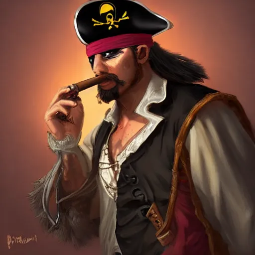 Image similar to pirate lighting his cigar with black dragon instead of lighter, digital art, trending on artstation