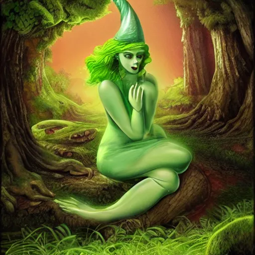 Image similar to a green genie surrounded by forest, fantasy illustration