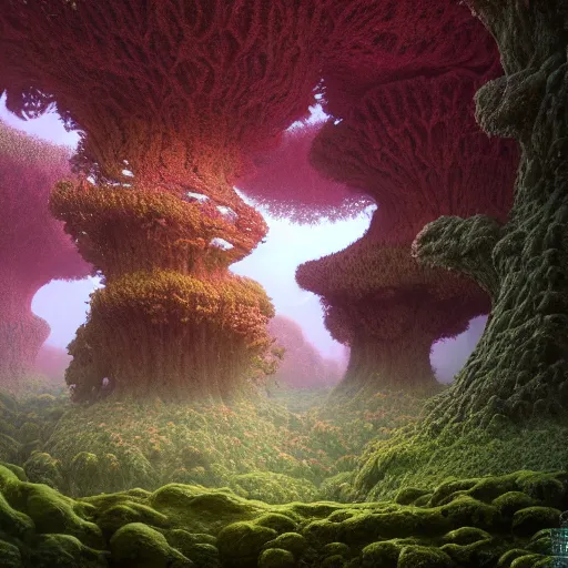 Prompt: An ultra detailed dreamy fractal forest, 4k unreal engine renders, ultra-wide angle, by Zdzisław Beksiński, HD, cinematic,vivid colors