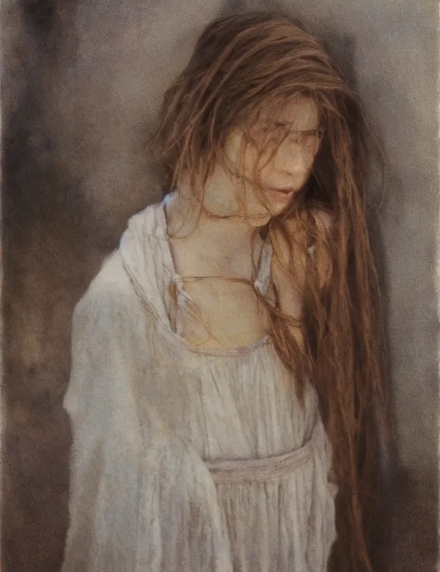 Prompt: peasant girl draw on a canvas, cottage core, cinematic focus, polaroid photo bleached vintage pastel colors high - key lighting, soft lights, foggy, by steve hanks, by lisa yuskavage, by serov valentin, by tarkovsky, detailed, oil on canvas