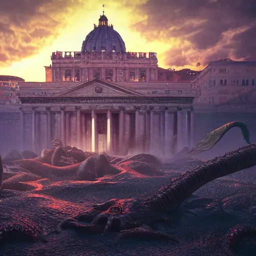 Prompt: Cthulhu attacking the city of rome, photo, photorealistic, 8k, super detailed, 35 mm, octane render, beautiful cityscape, lovecraftian, horror