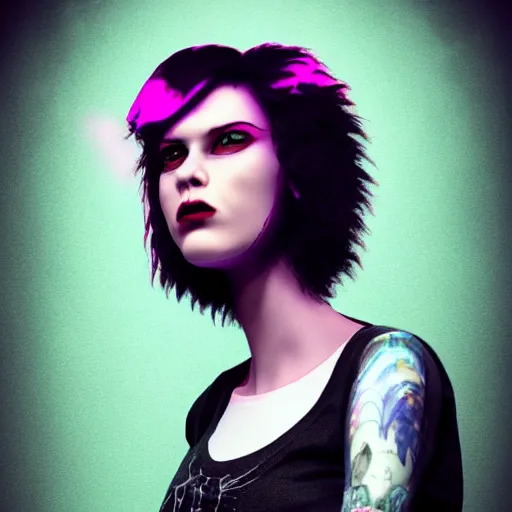 Prompt: punk women portrait made out of paint, short hair, octane render, highly detailed, realistic, tim burton and bob ross comic book art, matte painting, holographic, trending on artstation, cinematic, splashes of neon