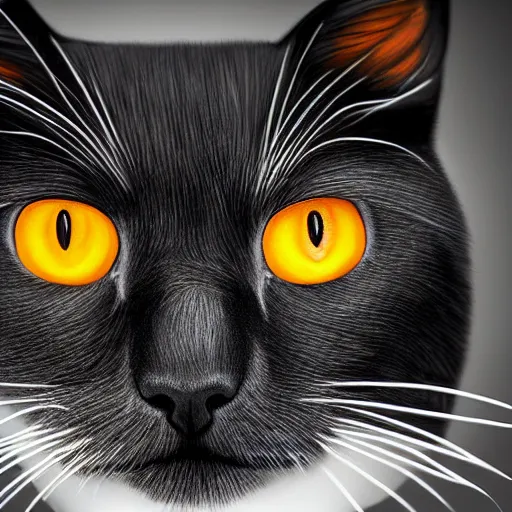 Image similar to an Hyper realistic artwork of a black orange-eyed cat by Jason de Graaf