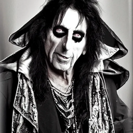 Image similar to alice cooper wearing a dark hooded cloak