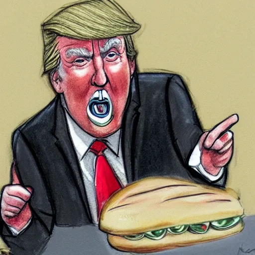 Prompt: Courtroom sketch of Donald Trump eating a hoagie and making a mess