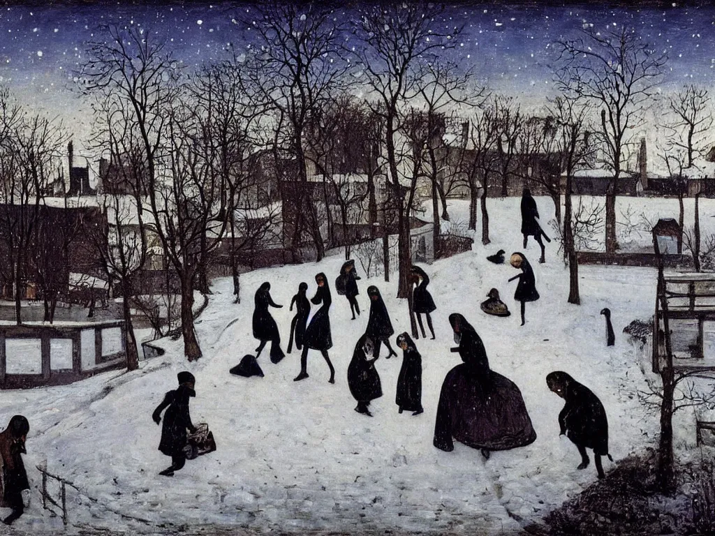 Image similar to Night scene. Women playing in the snow. Paul Delvaux