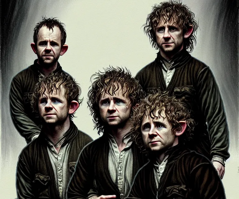 Prompt: a detailed fifty mm portrait of dominic monaghan and billy boyd as hobbits squatting slavs in black adidas track suits with white stripes down the leg, highly detailed, digital painting, artstation, concept art, sharp focus, cinematic lighting, illustration, art by met mangindaan, artgerm and greg rutkowski, alphonse mucha, cgsociety