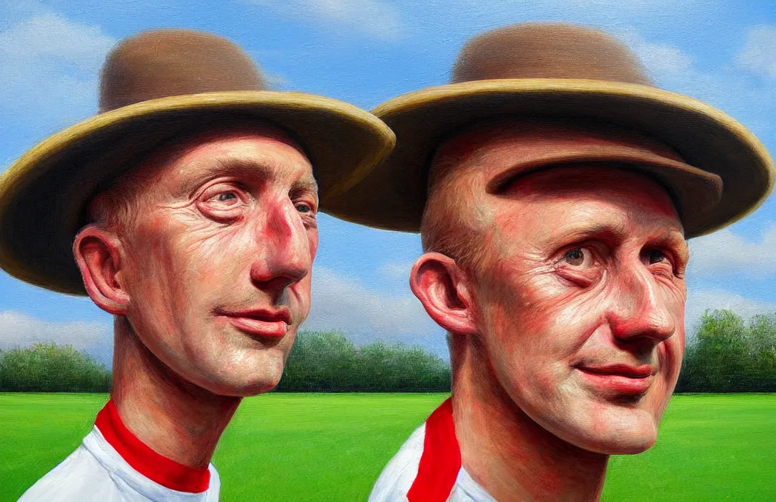 Prompt: english football fan in a sun hat!!!!!!!!!!!!!!!!!!!!!!!!!!!, detailed face, detailed painting, flat lighting by alberto mielgo