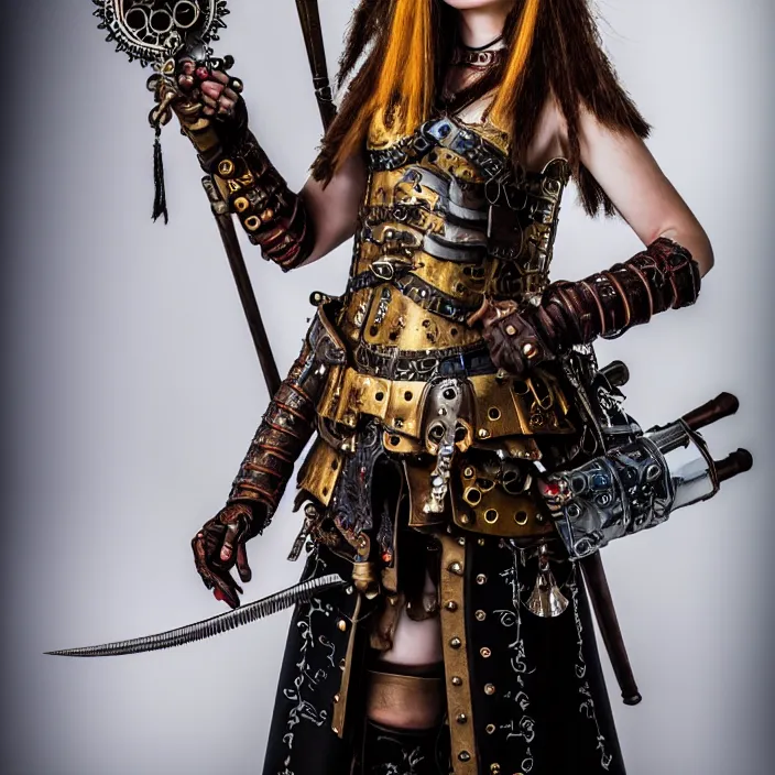 Image similar to full length photograph of a real - life very beautiful clockpunk warrior. extremely detailed. dslr. 8 5 mm.