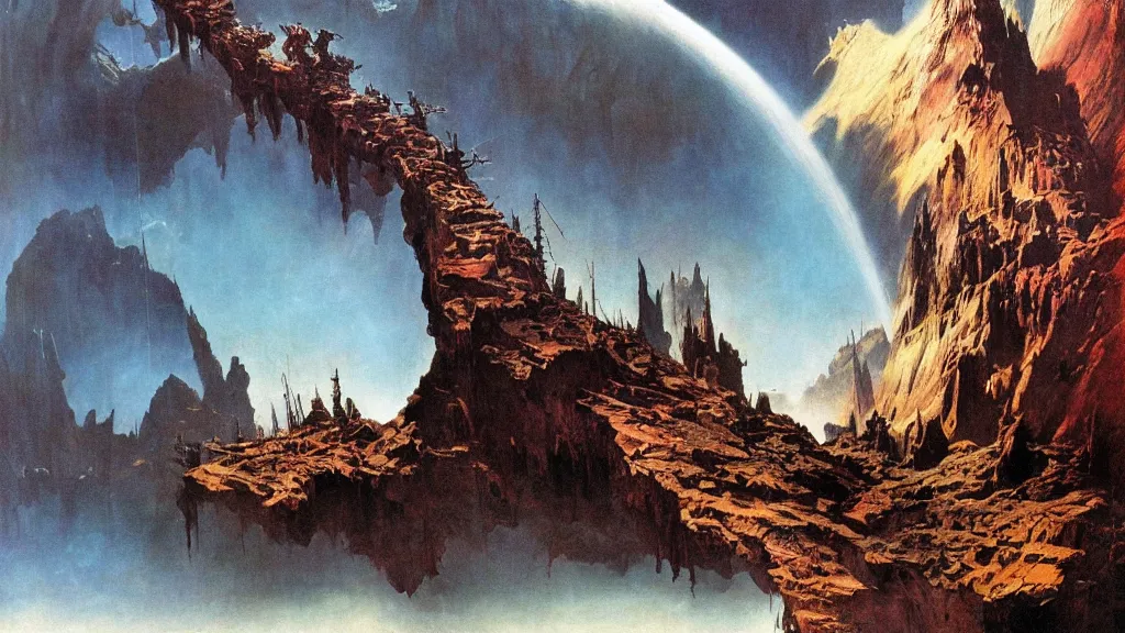 Image similar to journey to the center of the earth by frank frazetta and bruce pennington, cinematic matte painting