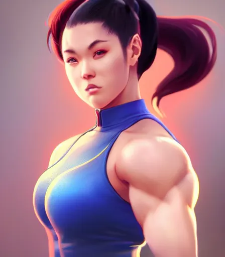 Image similar to beautiful portrait of a gorgeous personal trainer who looks like Chun Li , character design by charlie bowater, ross tran, artgerm, and makoto shinkai, detailed, soft lighting, rendered in octane