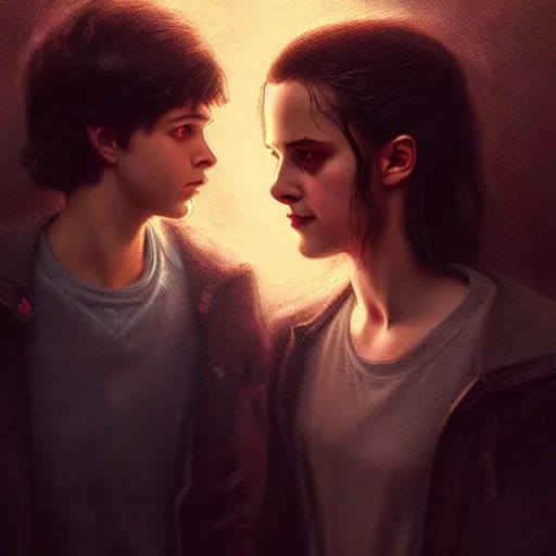 Image similar to Twilight version of Stranger Things, Portrait of Edward and Bella, diffuse lighting, fantasy, intricate, elegant, highly detailed, lifelike, photorealistic, digital painting, artstation, illustration, concept art, smooth, sharp focus, art by Artem Demura