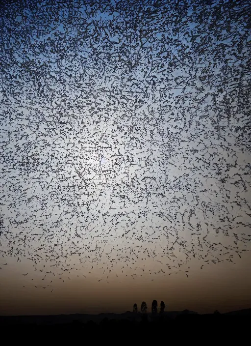 Prompt: a giant in the distance, a murmuration in the sky as a solar eclipse happens