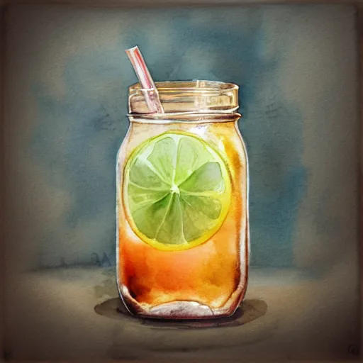 Image similar to Ice Tea in a mason jar, Watercolor, photorealistic, high resolution, award winning, trending on artstation