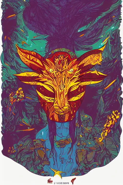 Image similar to animal mask totem roots flower tribal feather gemstone plant wood rock shaman vodoo video game vector cutout illustration vivid multicolor borderlands comics by josan gonzales and dan mumford radiating a glowing aura