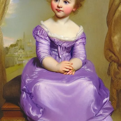 Image similar to portrait of a german toddler princess sitting down in a silk lavender gown, circa 1 8 3 7, by carl joseph begas, highly detailed, beautiful, oil on canvas, 1 8 3 0 s, romanticism