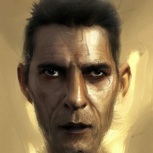 Image similar to Portrait of a man by Greg Rutkowski, he is about 50 years old, his features are a mixture between polish and persian, messy black short hair, tall and slim, tired expression, respectable authority figure, he is wearing a futuristic space gear, highly detailed portrait, scifi, digital painting, artstation, concept art, smooth, sharp foccus ilustration, Artstation HQ.