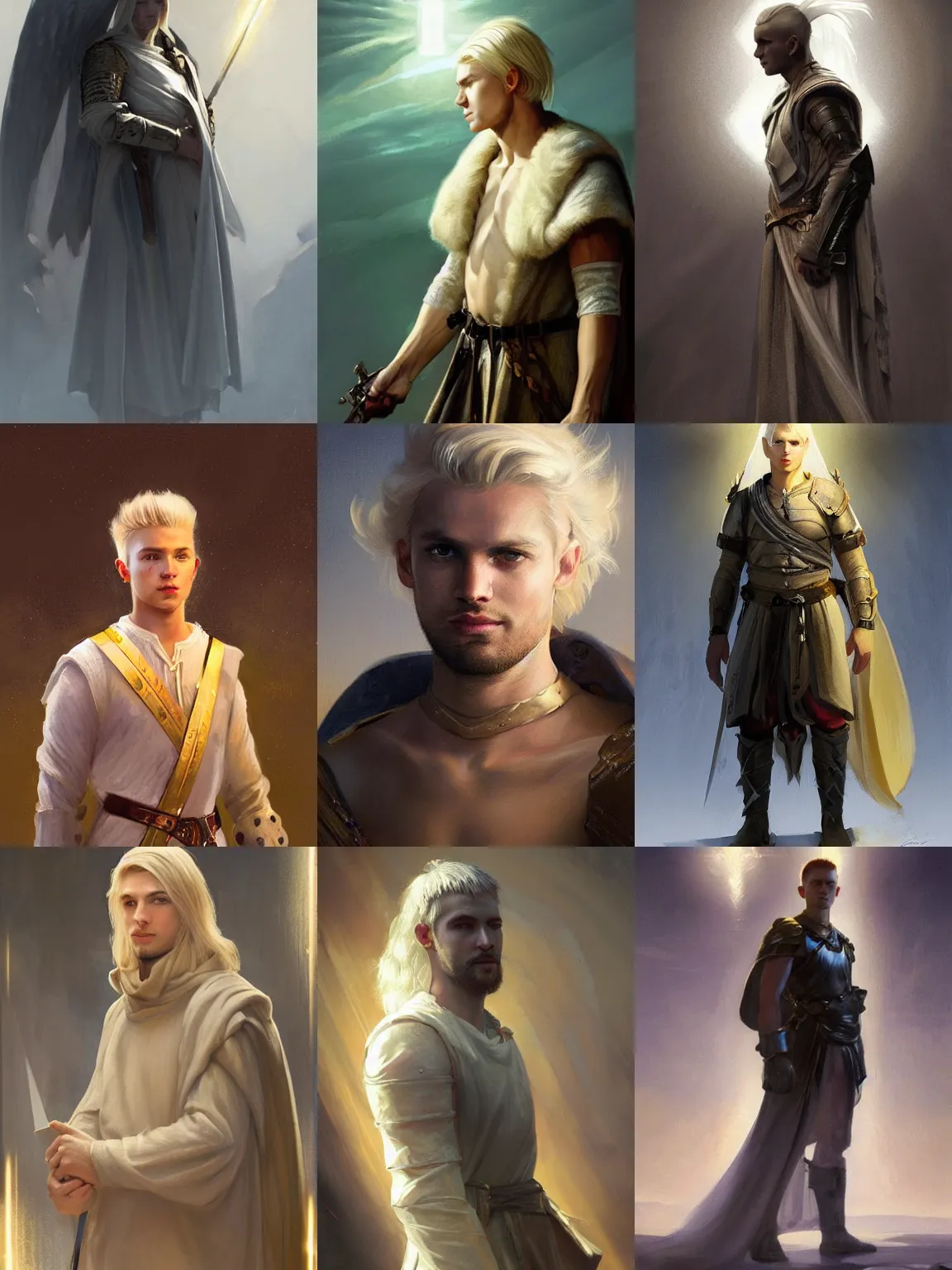 Prompt: Portrait of a young Aasimar man wearing a war cleric's garb with short platinum blonde hair a kind face a halo of light and a distantly hopeful expression, cinematic lighting, detailed, beautiful, illustration by Greg Rutkowski, Andrei Riabovitchev Jean Giraud Tom Anders Zorn, Edward Hopper and Ilya Kushinov, Frederick Bacon, Tom Anders Zorn, John Collier, Vladimir Abat-Cherkasov