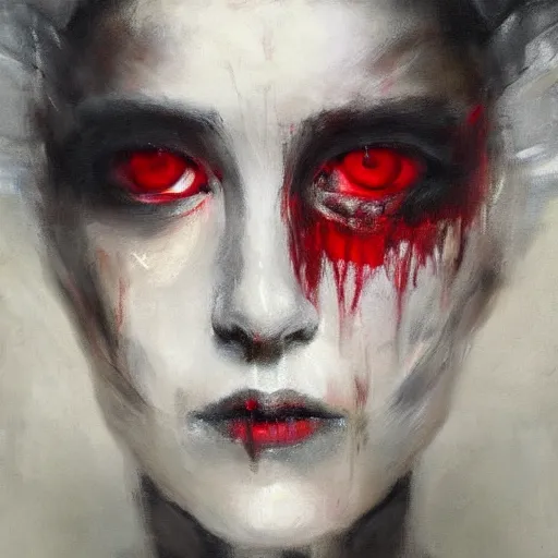 Image similar to portrait of the death angel, beautiful female face, angelic, dark, blood, by jeremy mann, by lucian freud, god rays, warrior face painting red, wings