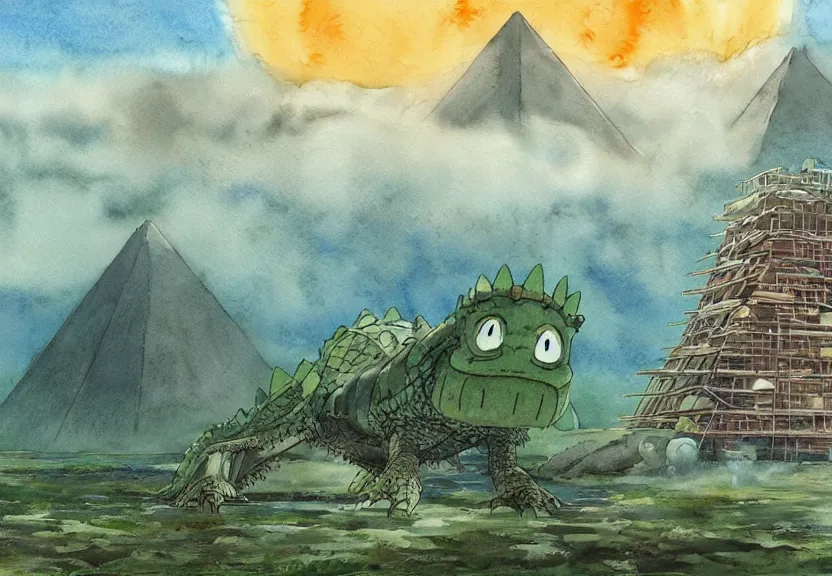 Image similar to a hyperrealist watercolor concept art from a studio ghibli film showing a giant mechanized crocodile from howl's moving castle ( 2 0 0 4 ). a pyramid is under construction in the background, in the rainforest on a misty and starry night. a ufo is in the sky. by studio ghibli