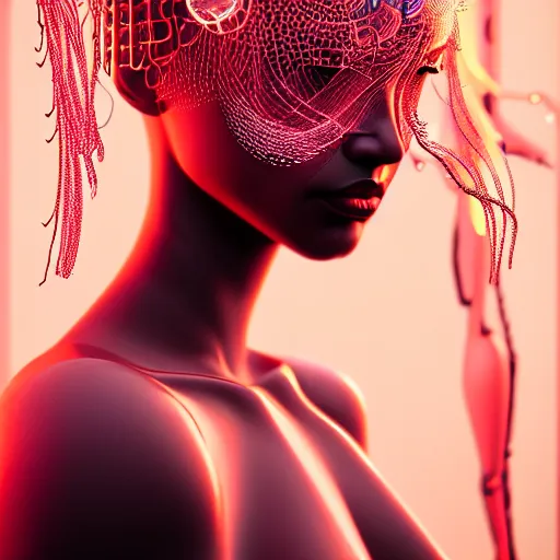 Prompt: portrait of an absurdly beautiful, graceful, sophisticated, fashionable cyberpunk mechanoid gravure idol, hyperdetailed illustration by irakli nadar, adut akech, matt wisniewski style, intricate linework, white porcelain skin, jellyfish headdress, crystal ruff, unreal engine 5 highly rendered, global illumination, red light, detailed and intricate environment