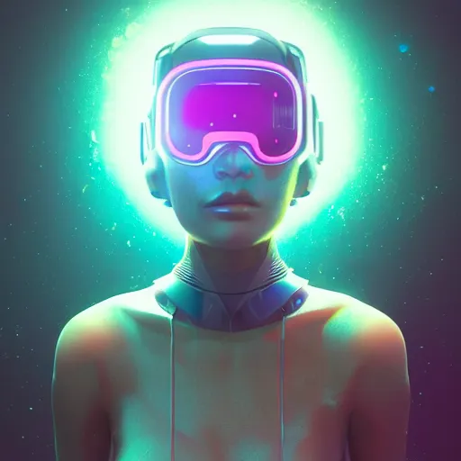 Image similar to cyberpunk concept cool girl cyborg bot, cinema 4 d, galaxy, ufo, space sci - fi, wearing vr goggles, illustration, portrait, pastel neon textured background night, trending on artstation, greg rutkowski, octane rendered, 1 2 k, detailed,