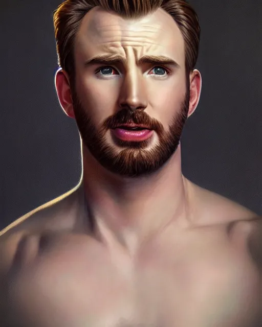 Prompt: beautiful portrait of Chris Evans by greg hildebrandt, charlie bowater, artgerm, and j.c. leyendecker, highly detailed, soft lighting, rendered in octane