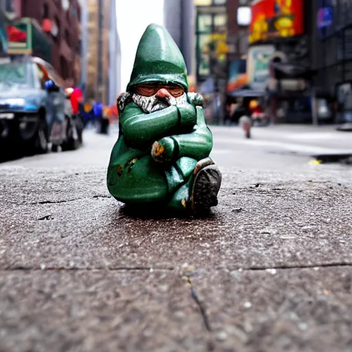 Image similar to street photograph of a broken ceramic garden gnome in new york city on a busy day. 8k resolution.