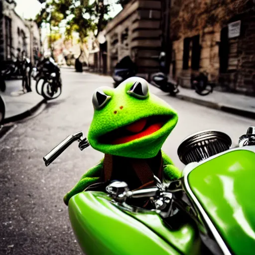 Prompt: slimy kermit the frog leaning against a motorcycle. gq magazine wide angle photograph.
