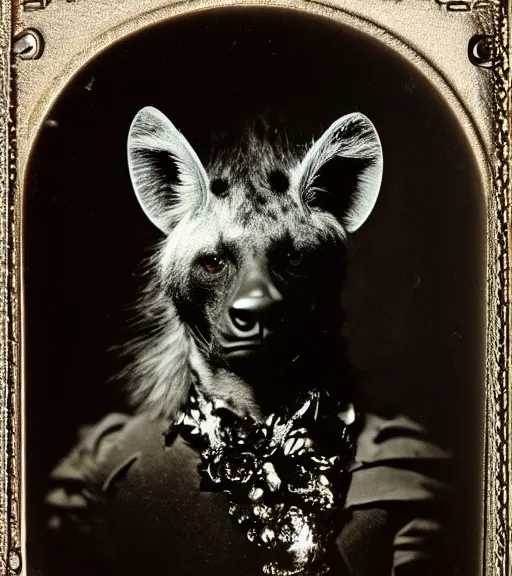 Image similar to professional studio photo portrait of anthro anthropomorphic spotted hyena head animal person fursona wearing elaborate pompous silver skull robes clothes by Louis Daguerre daguerreotype tintype