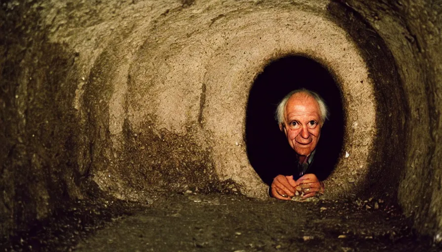 Image similar to 7 0 s movie still of an old man in a tiny tunnel. his skin is full of holes. cinestill 8 0 0 t 3 5 mm technicolor, heavy grain, high quality, high detail