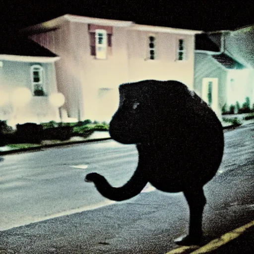 Image similar to terrifying creature on a suburban street at night, grainy color photograph 35mm