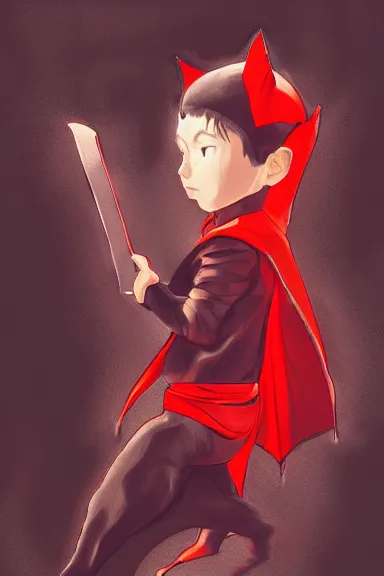 Image similar to little boy with cat ears in an black outfit with red cape. digital artwork made by lois van baarle and kentaro miura and marc simonetti, sharpness focus, inspired by hirohiko araki, anatomically correct, heroic composition, hero pose, smooth, concept art