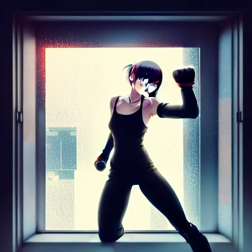 Prompt: a large reflective shattered window, beautiful cyborg - girl punching into window, punching into reflections, glass shards flying, reflective, mirror reflection, refractions on lens, full round face, biomechanical details, cyberpunk anime art, full body shot, lens flare, wlop, ilya kuvshinov, artgerm, krenz cushart, greg rutkowski