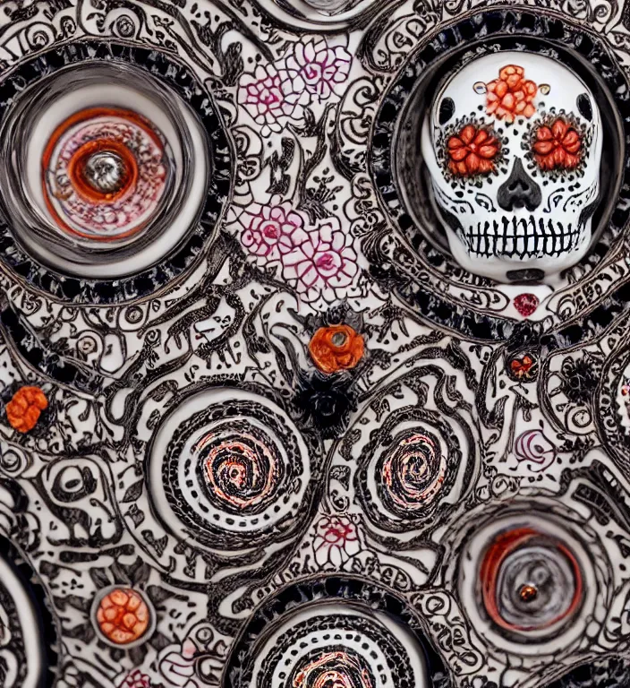 Image similar to La Catrina, A Close up photo-real delicate ceramic porcelain sculpture of a symmetrical ornate detailed in front of an intricate background by Victo Ngai and takato yamamoto, micro detail, backlit lighting, face in focus, subsurface scattering, translucent, thin porcelain, octane renderer, colorful, physically based rendering, japanese pottery, trending on cgsociety