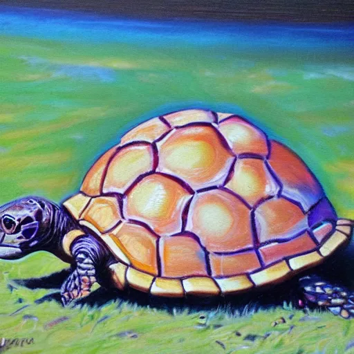 Prompt: eggs on turtle, oil painting,