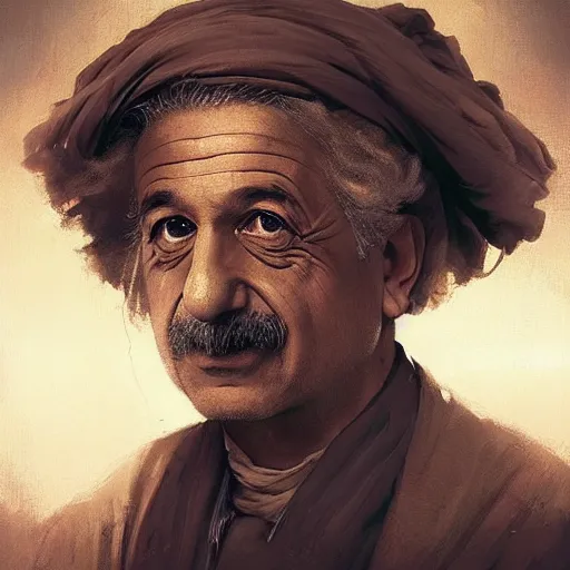 Image similar to a portrait of a Kurdish Albert Einstein in Kurdish clothes by Greg Rutkowski, digital art, horror, chiaroscuro, trending on artstation, anime arts, featured on Pixiv, HD, 8K, highly detailed, good lighting, beautiful, epic, masterpiece