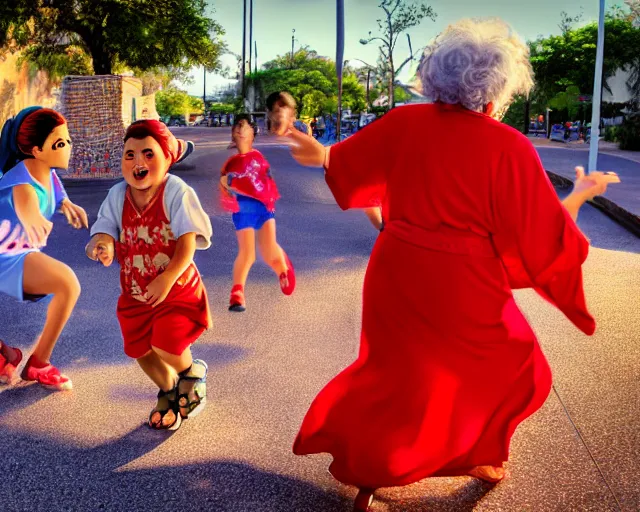 Image similar to Hispanic Granny In A Red MuMu Throwing A Slide Sandal At A Bunch Of Kids Running Away From Her, Anime Style, Manga Style, 8K, HDR, San Antonio Texas Cityscape Sunset, HDR, volumetric lighting, Hyperrealistic-H 960