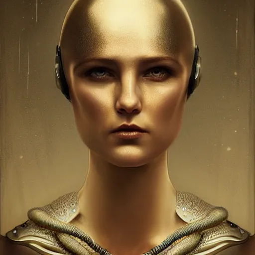 Image similar to tom bagshaw, curiosities carnival fallout, photorealistic medium shot soft paint of a single beautiful bald female full long futuristic metallic armor very tight metal helmet ornate, face, gynoid cyborg wires tentacles body, accurate features, focus, very intricate ultrafine details, award winning masterpiece