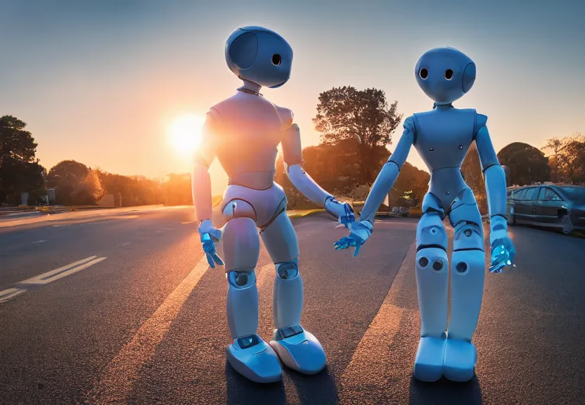 Image similar to a calming photograph of a slender, humanoid robot caresses a beautiful human woman in the face, large shot, wide shot, in a street, sunset photo