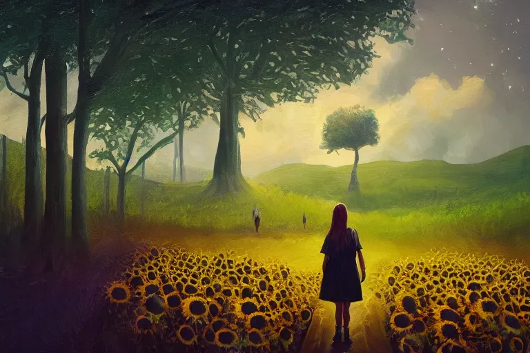 Prompt: giant sunflower as a face, girl walking between big trees, hills, surreal photography, dark night, star trails, dramatic light, impressionist painting, clouds, digital painting, artstation, simon stalenhag