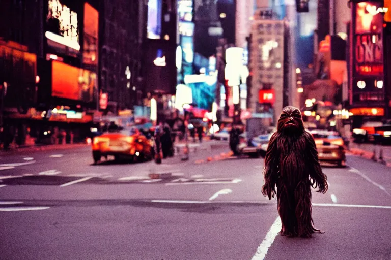 Prompt: photo of chewbacca crossing a street in nyc at night, cinestill 8 0 0 t, 8 5 mm f / 1. 8
