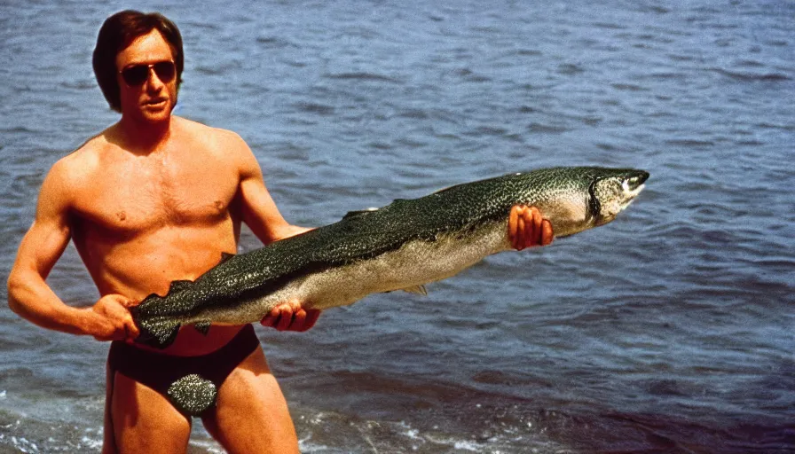 Image similar to 7 0 s movie still of putin in speedo, proudly holding a salmon, focus on eyes. cinestill 8 0 0 t _ 3 5 mm eastmancolor, heavy grain, high quality, high detail