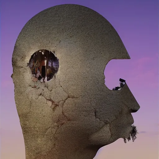 Prompt: the ego separates, hyperrealistic surrealism, dreamscape, beeple, award winning masterpiece with incredible details, zhang kechun, a surreal vaporwave vaporwave vaporwave vaporwave vaporwave painting by thomas cole of a gigantic broken mannequin head sculpture in ruins, astronaut lost in liminal space, highly detailed, trending on artstation