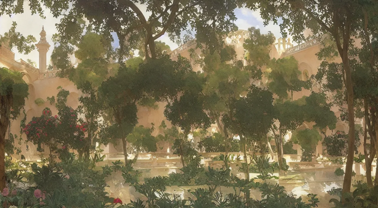 Prompt: A beautiful landscape painting of the the gardens of the real alcazar seville, by Alfons Maria Mucha and Julie Dillon and Makoto Shinkai