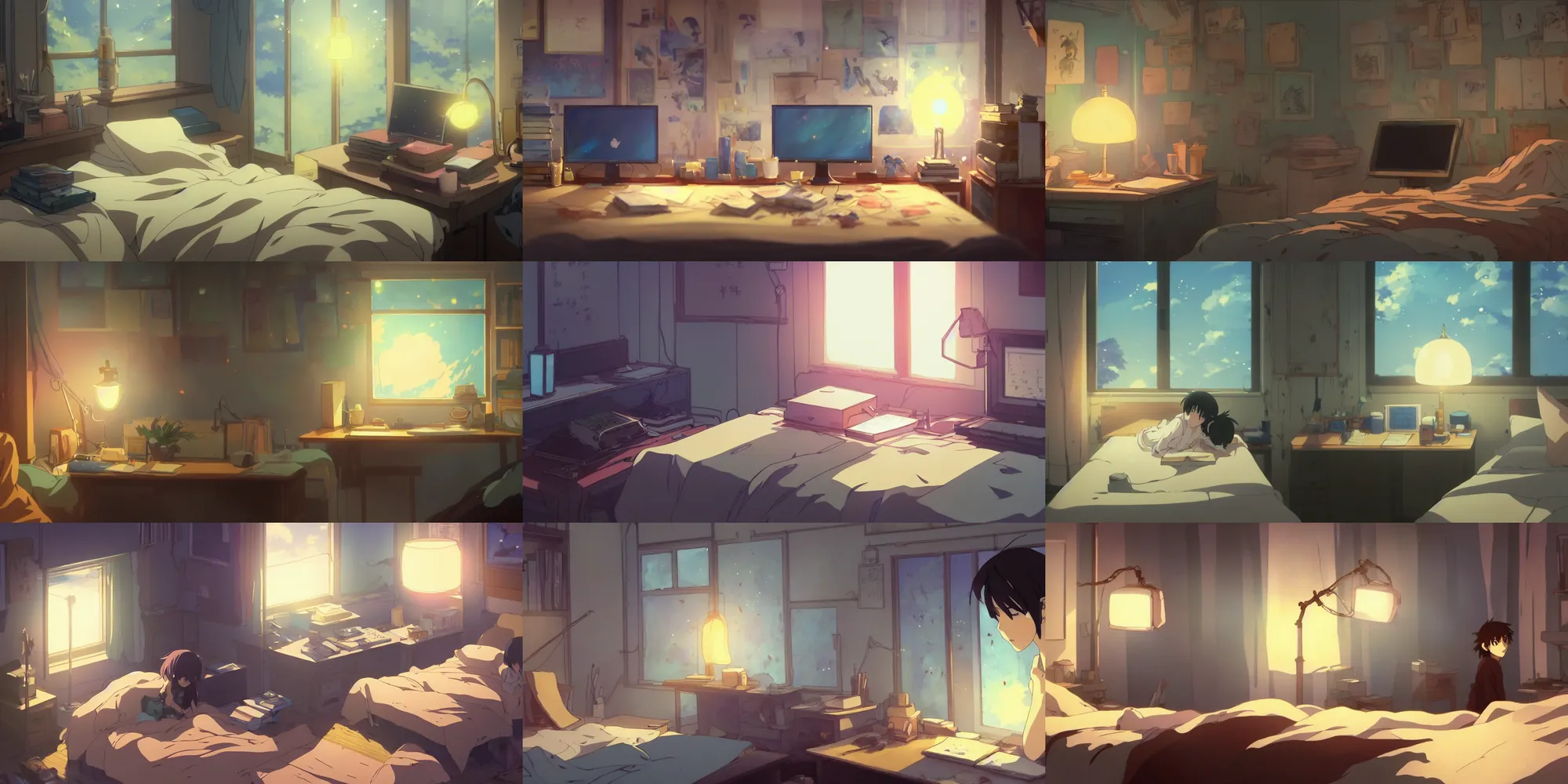 Image similar to painting of a beautiful cinematic close up of the main character's atmospheric bedroom in the anime film by makoto shinkai and studio ghibli; cinematic lighting, lamplight, lit by a computer monitor; a computer desk, (books), messy clothes, anime lover, posters, toys, screenshot from the makoto shinkai anime